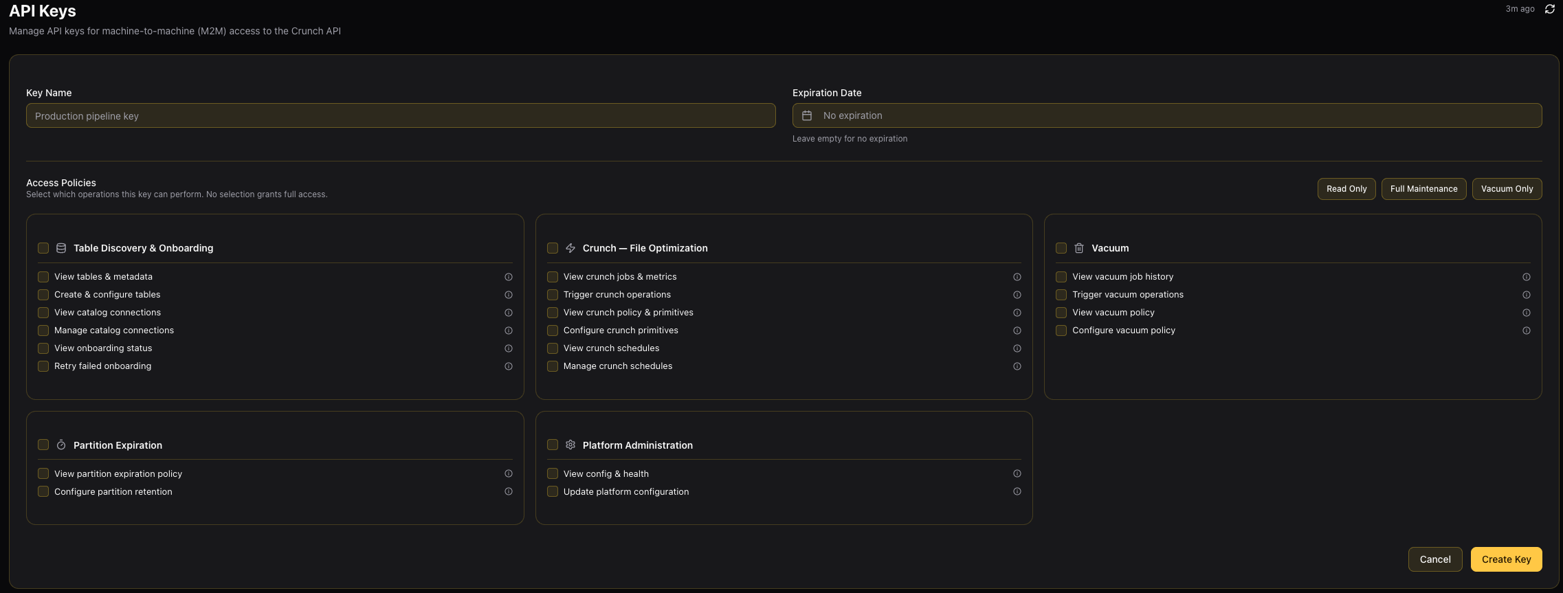 Granica API Keys page showing the Create Key form with access policy selection
