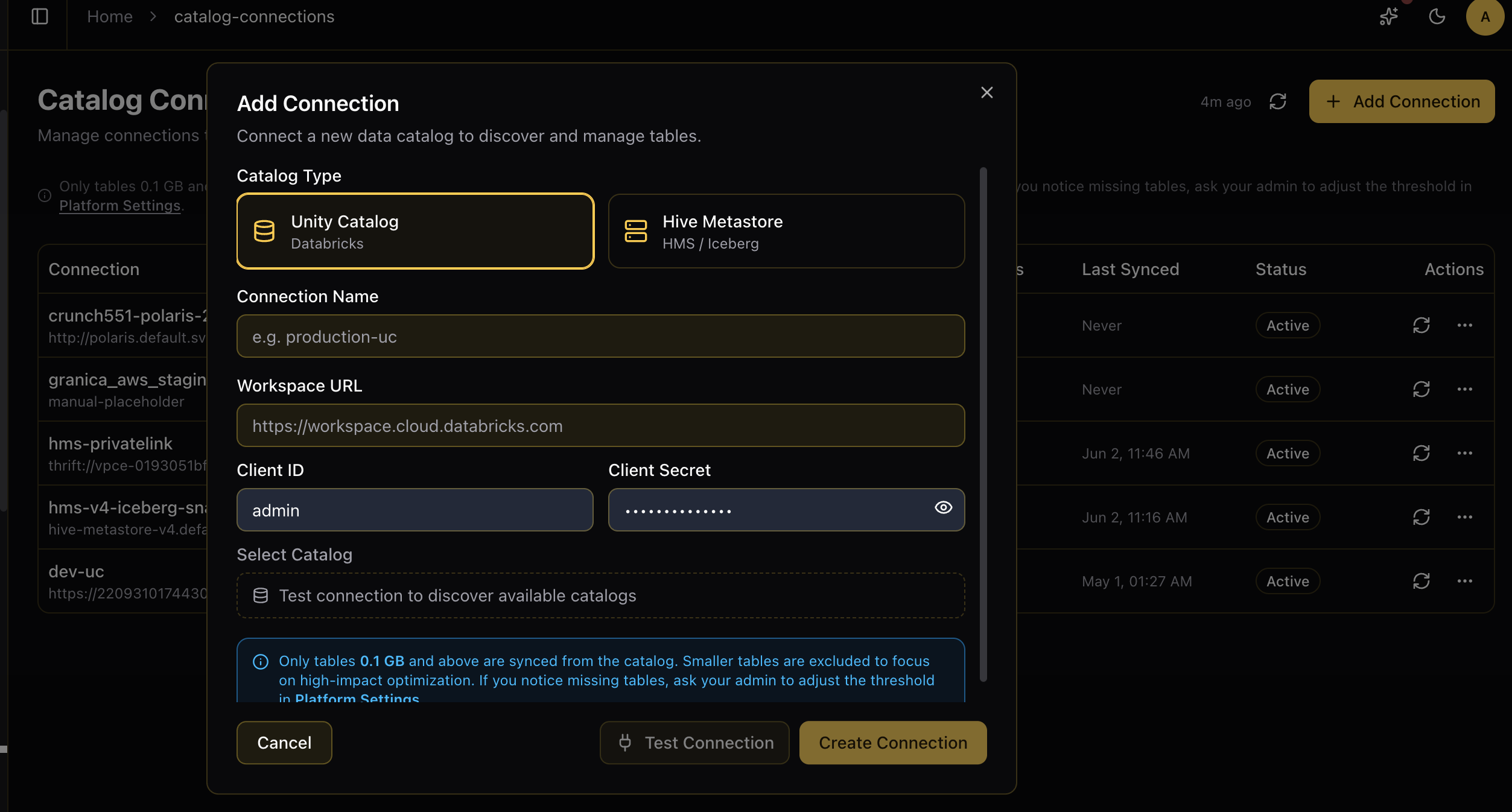 Granica Catalog Connections — Add Connection dialog