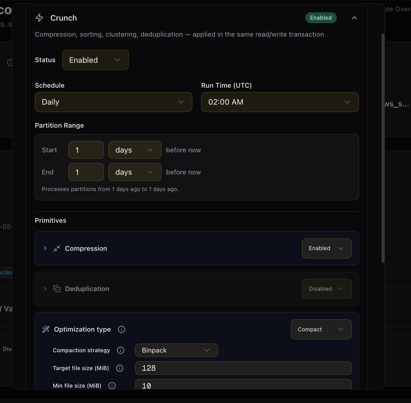 Granica Table Maintenance — Crunch policy configuration panel