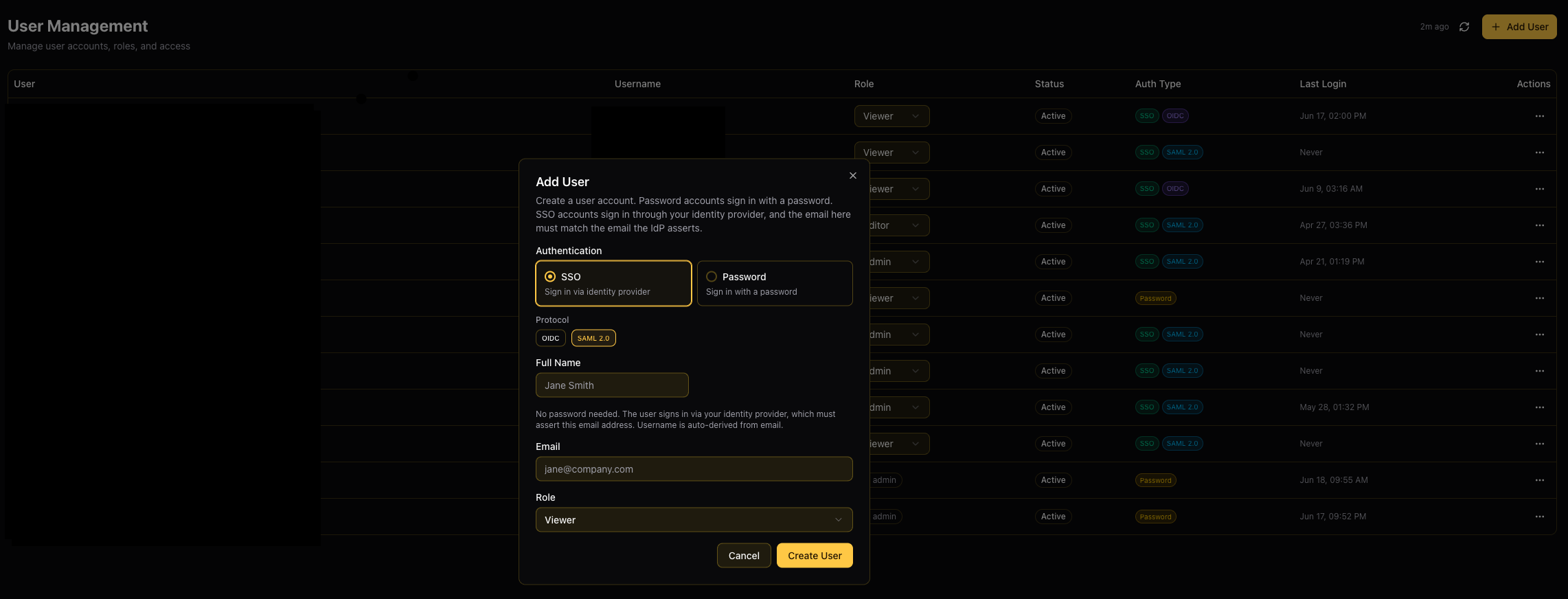 Granica User Management page showing user list and Add User dialog