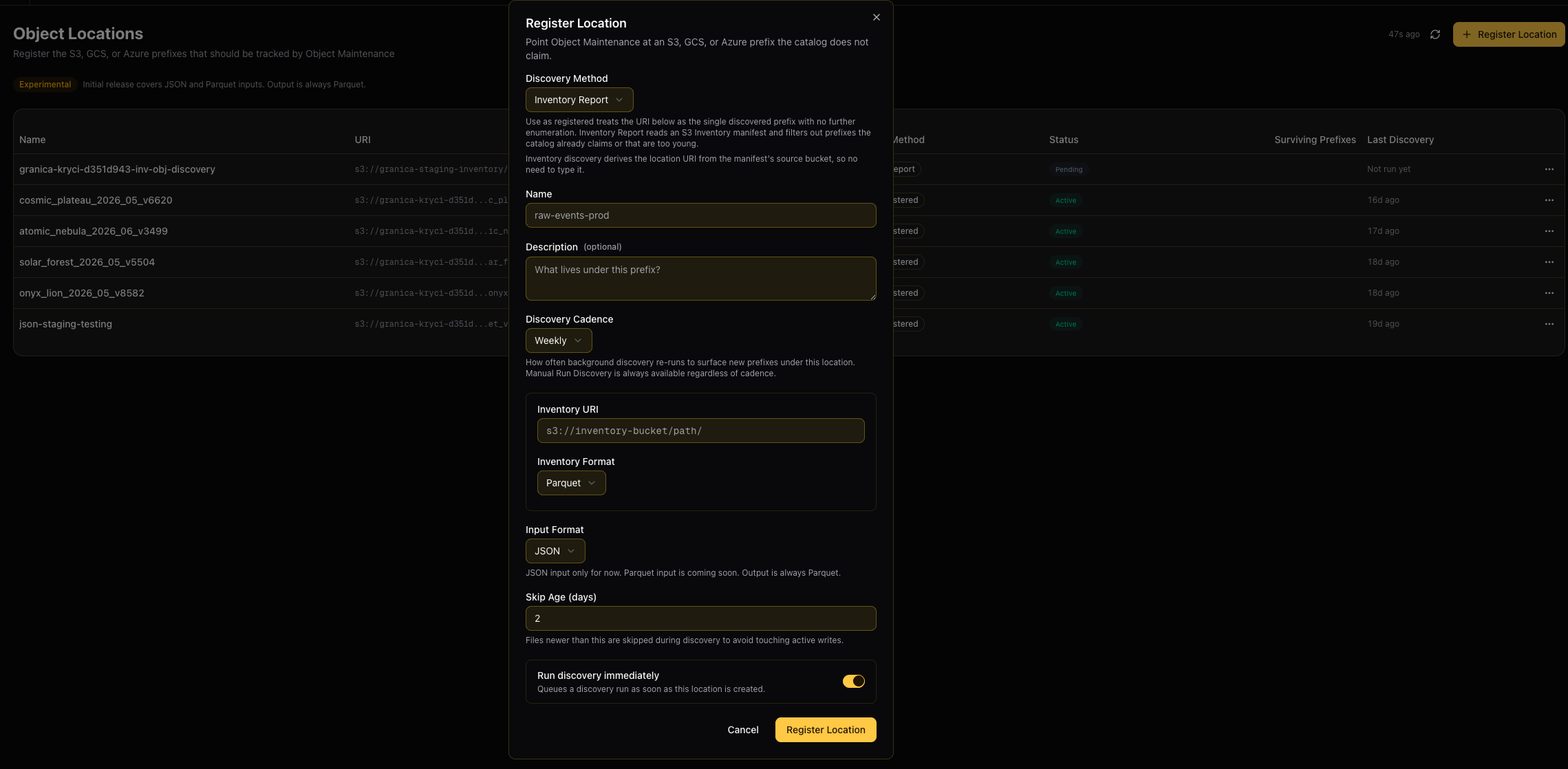 Granica Object Locations page showing registered locations and the Register Location dialog